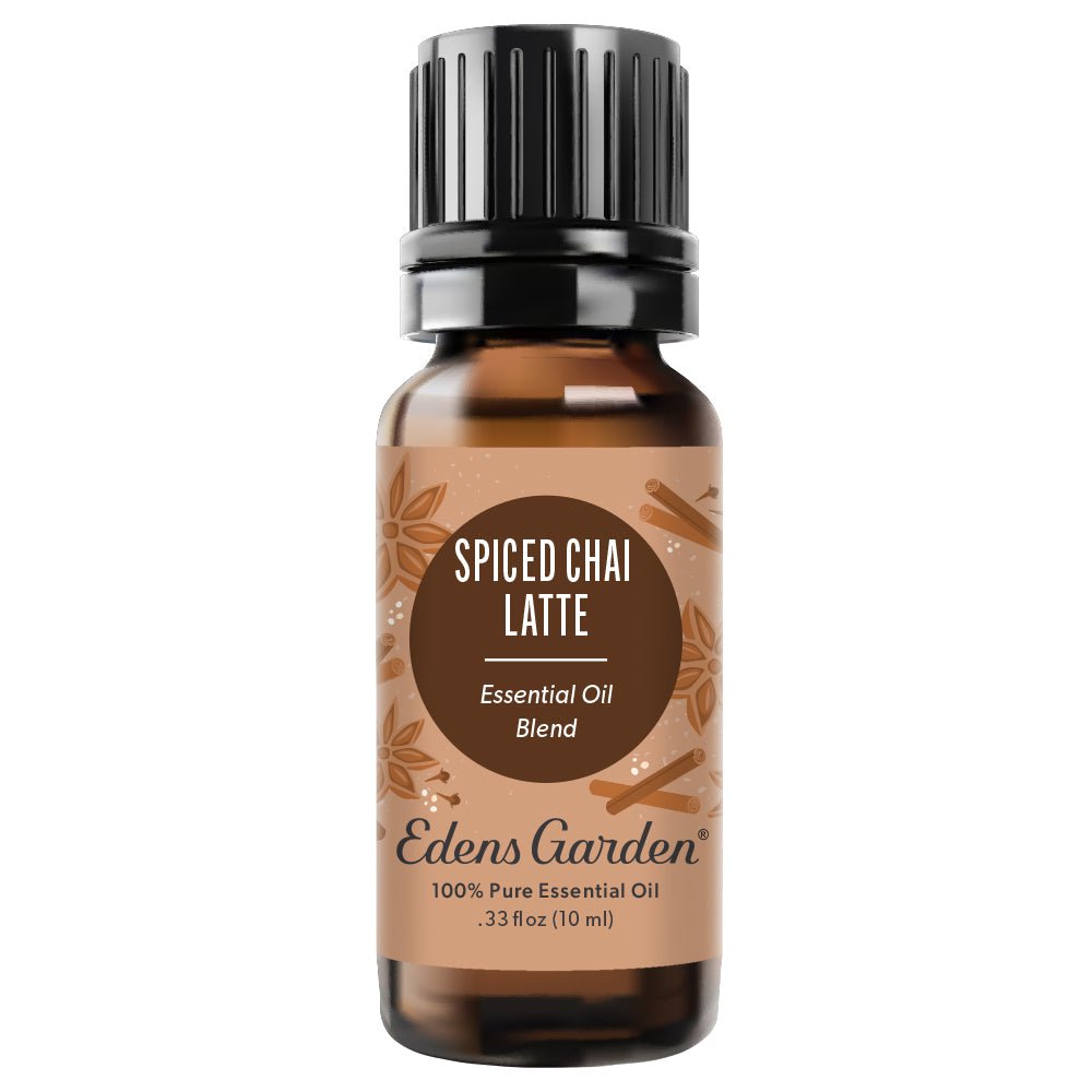 A brown bottle of spiced chai latte essential oil blend with a brown label